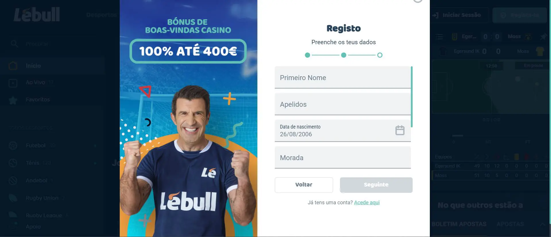 Interface do formulário de registo na Lebull