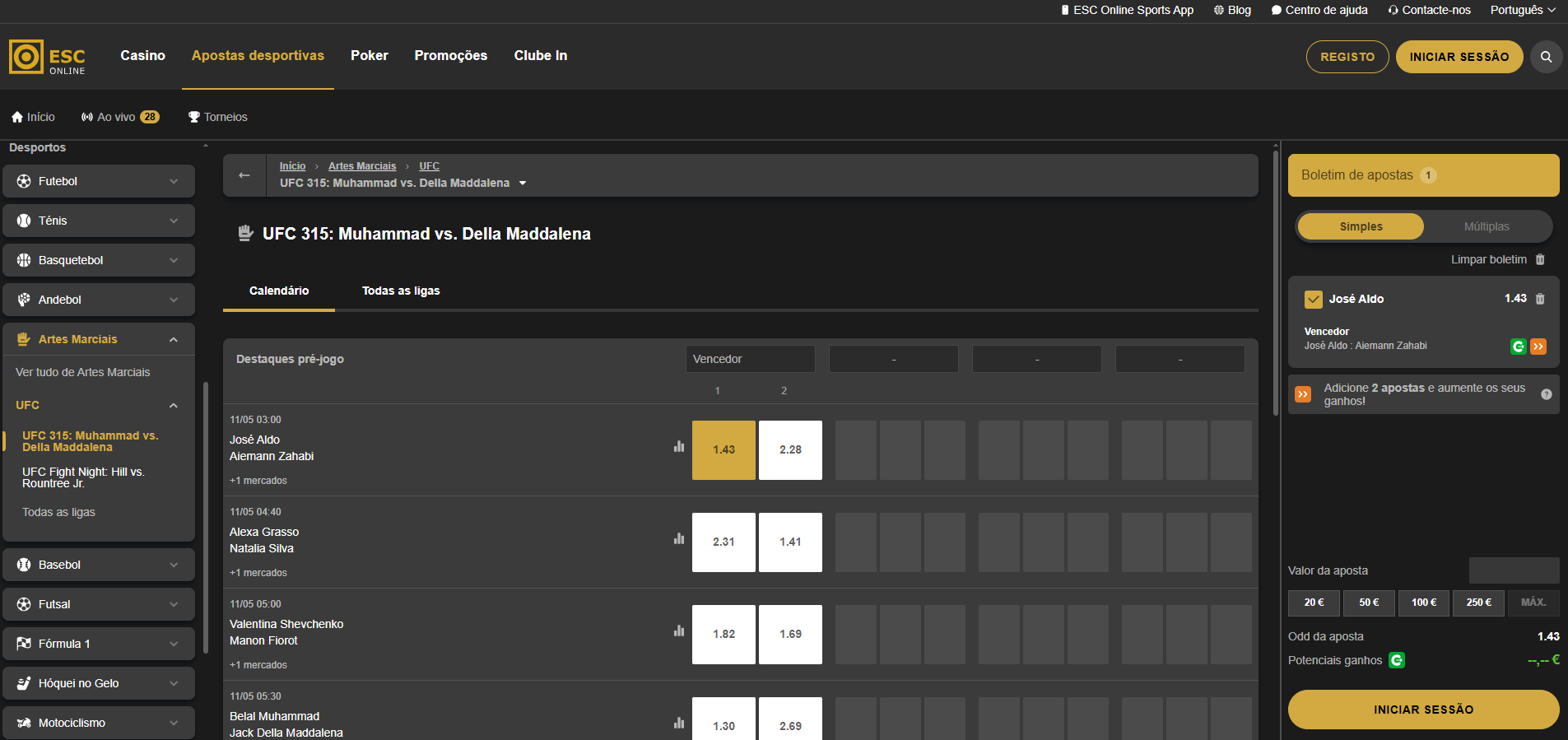 Apostas de MMA ESC Online