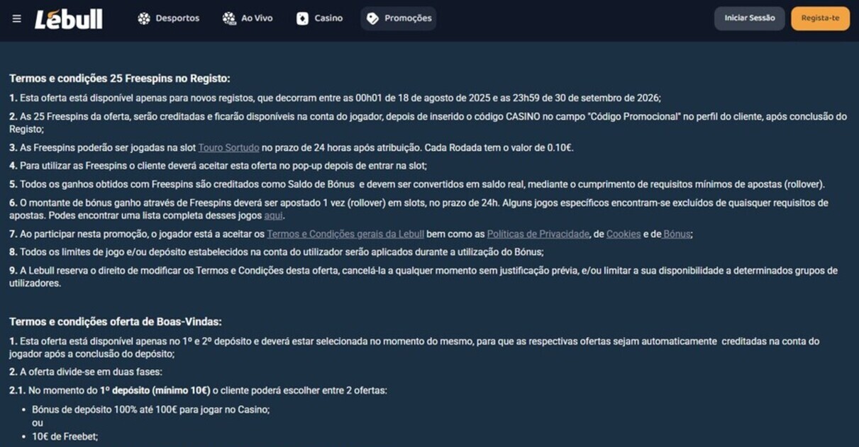 Termos e condiçoes Bonus Lebull pc