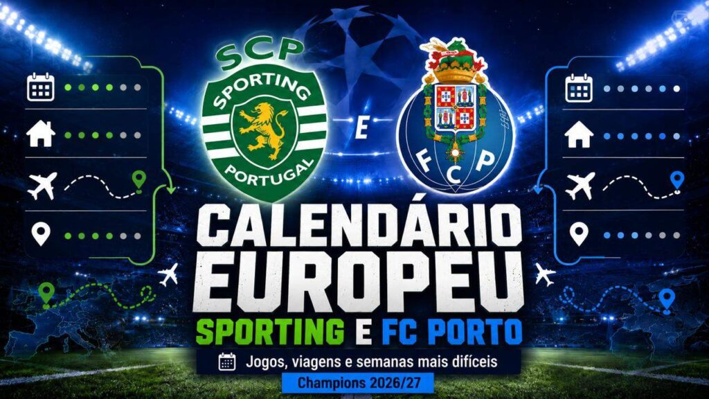 Calendário europeu de Sporting e FC Porto na Champions 2026/27, com jogos, viagens e semanas mais exigentes