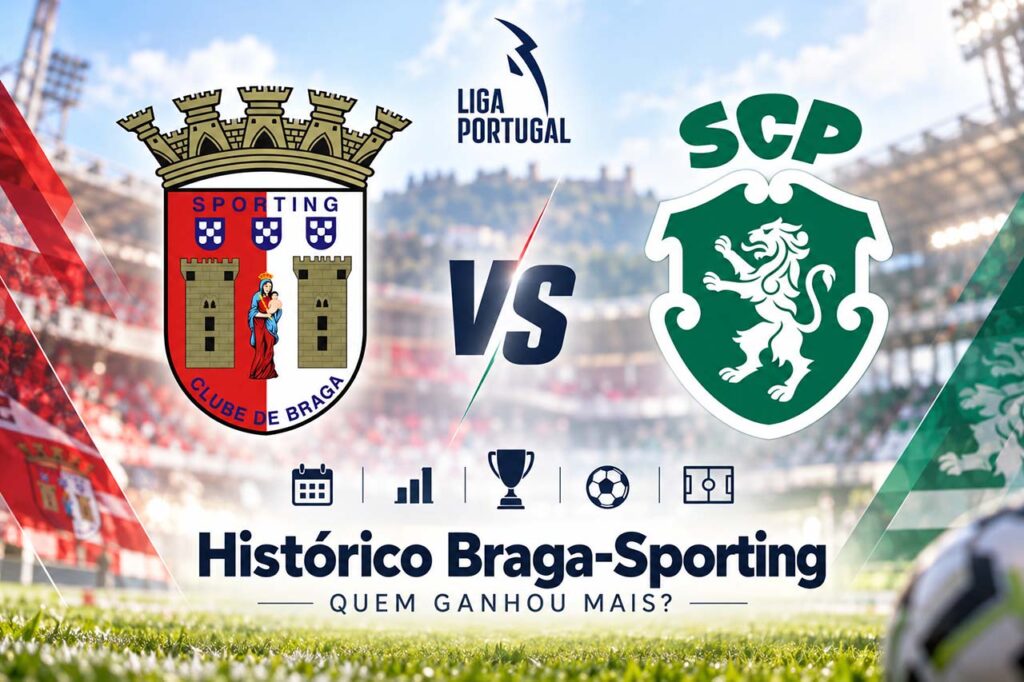 Braga Sporting histórico com os emblemas dos clubes e Liga Portugal