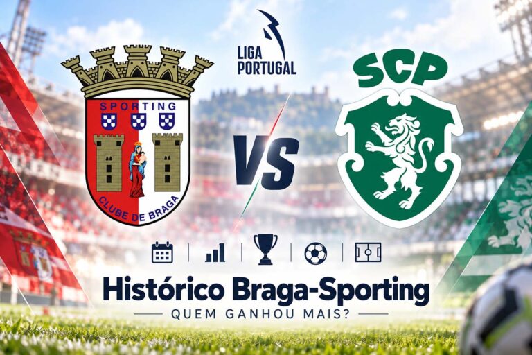 Braga Sporting histórico com os emblemas dos clubes e Liga Portugal