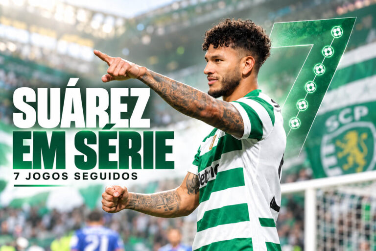 Luis Suárez com a camisola do Sporting celebra a série de sete jogos consecutivos a marcar.