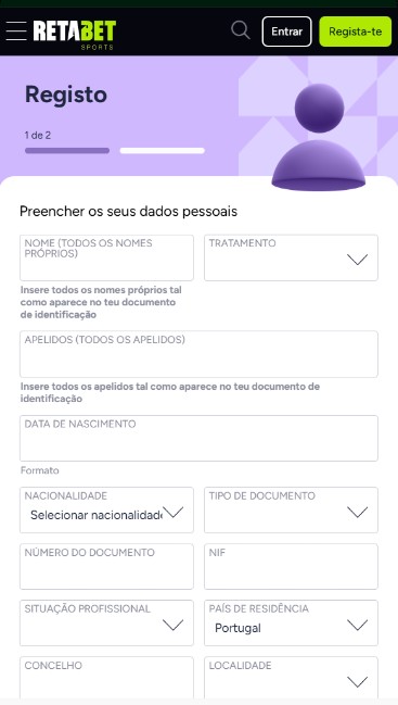 Registo Retabet Portugal Desportos movel